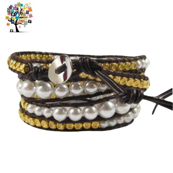Brown Leather Wrap Bracelet Beads Pearls Gold Tone Nuggets (simulated) - Picture 3 of 3